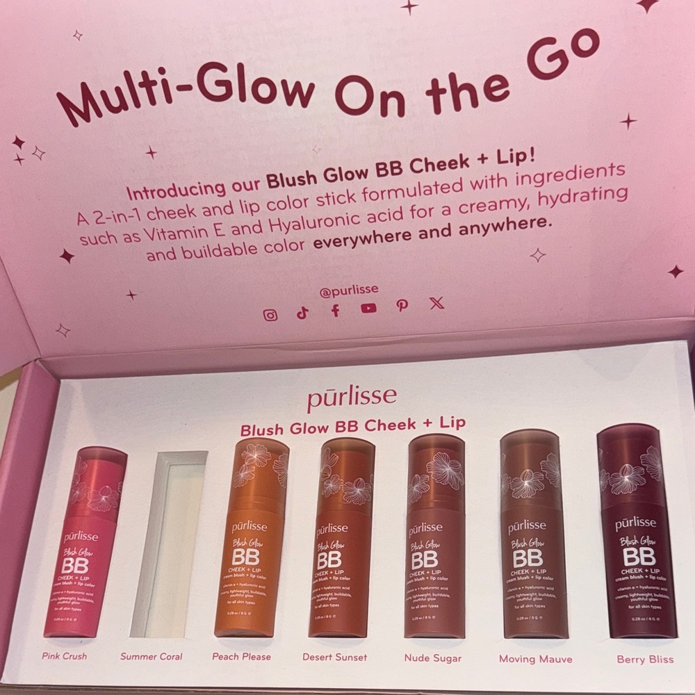 Purlisse Blush Glow BB Cheek & Lip Set - Pink, Coral, Peach, Nude, Mauve, Berry